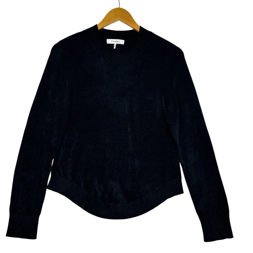 FRAME Chenille Sweater Womens L Black Crewneck Curved Hem Pullover NWT‎
